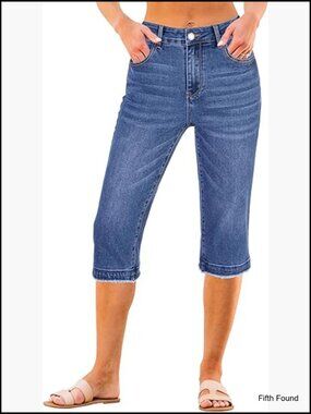 Mid Rise Distressed Raw Hem Denim Capris Relaxed Fit